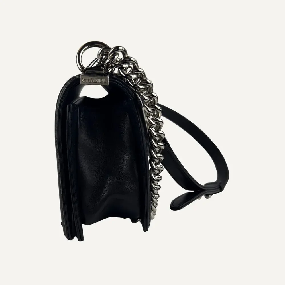 Chanel Boy Bag Medium Black Lambskin Iridescent Chevron Silver CC 17S  Women's